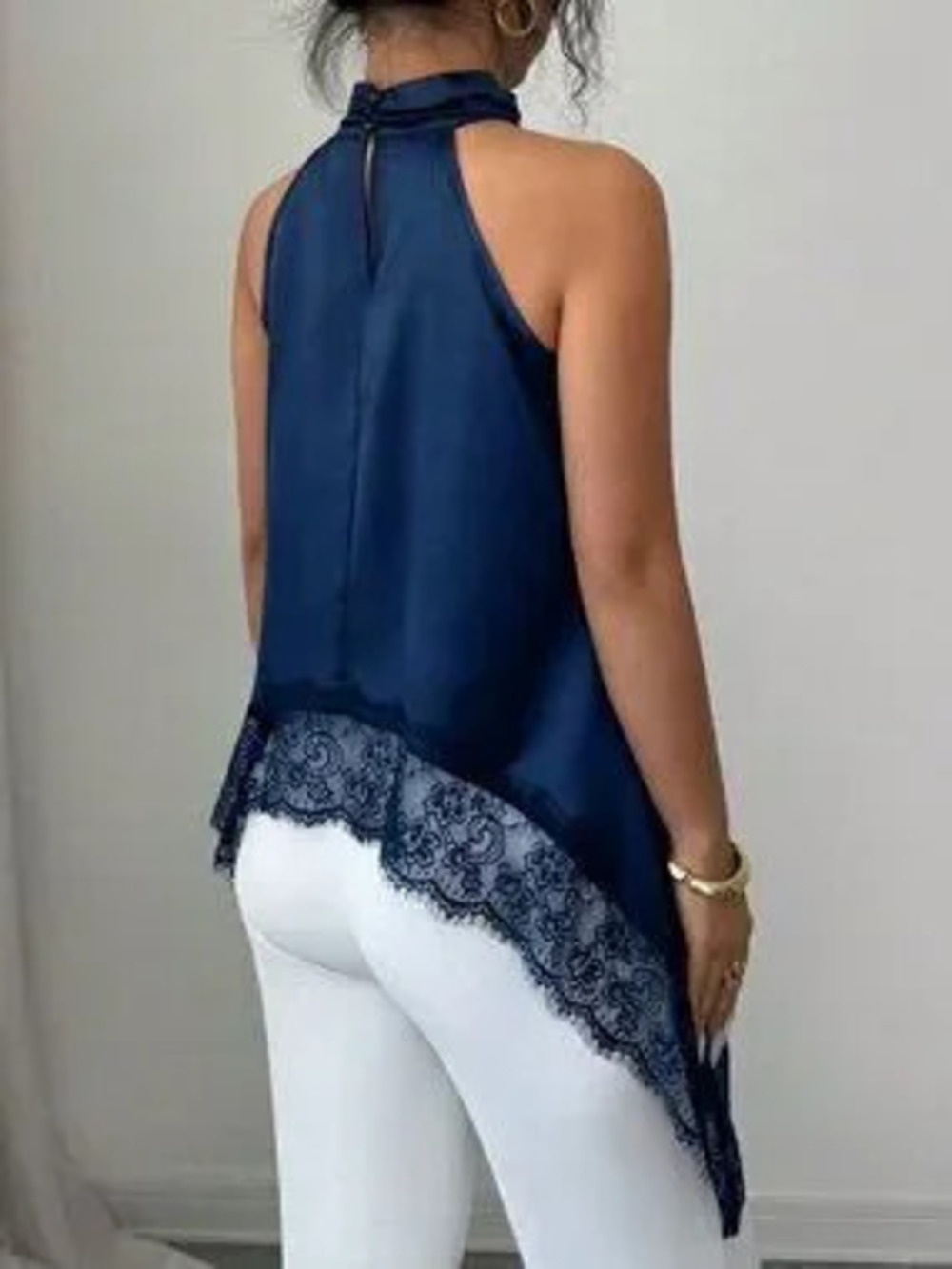 Blue Casual Women's Lace Patchwork Halter Shirt